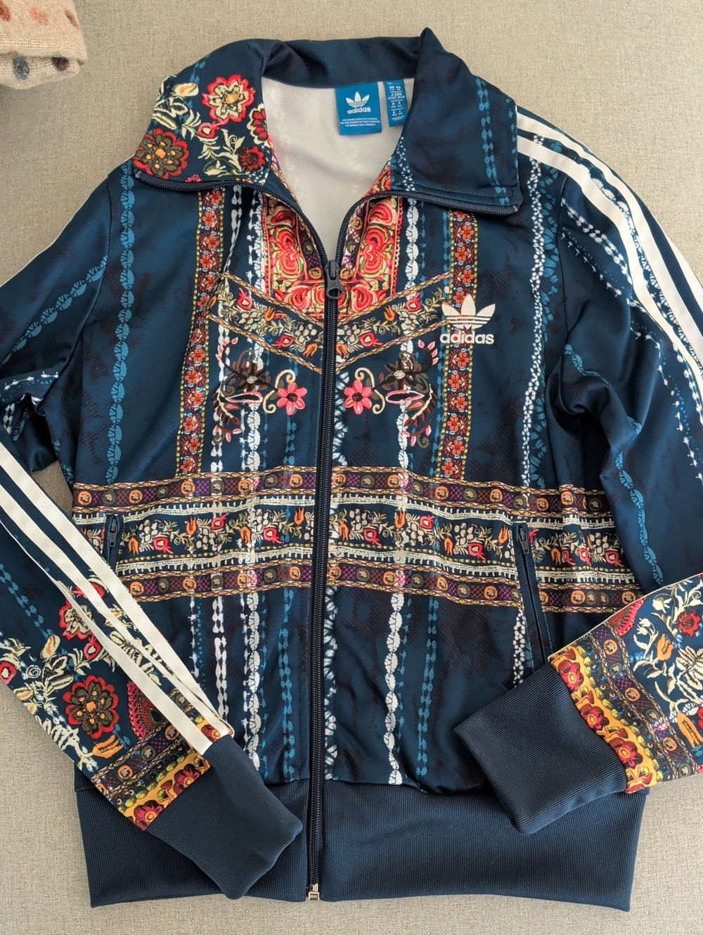 adidas Navy Bomber Jacket with Multicolor Paisley & Floral Print
